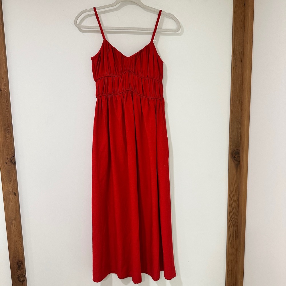Sim & Sam Red Linen Blend Midi Dress Womens XS Smocked Adjustable Pockets‎ Boho